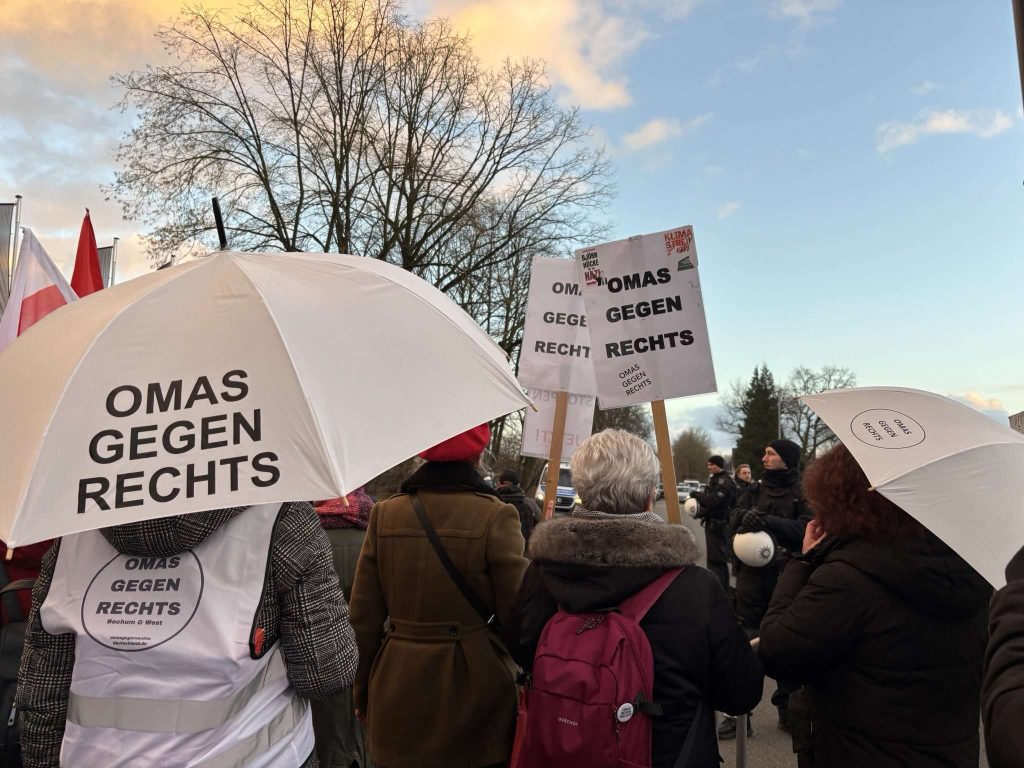 Mehrere Personen auf einer Demonstration, von hinten Fotografiert. Sie tragen Westen, Schilder und Regenschirme mit der Aufschrift "OMAS GEGEN RECHTS"
