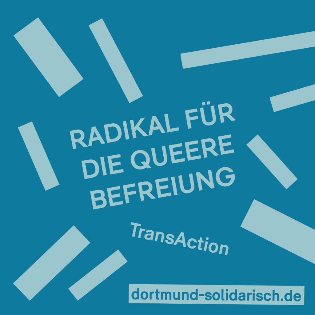 Webgrafik mit dem Titel des Artikels: "Radikal für die Queere Befreiung", der Autor*innengruppe TransAction und der Internetadresse dortmund-solidarisch.de